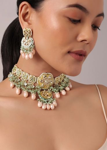Yellow And Pink Kundan Choker Set With Bead Drops And Meenakari