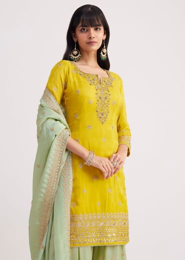 Yellow And Pista Green Tissue Palazzo Suit With Zardosi Work