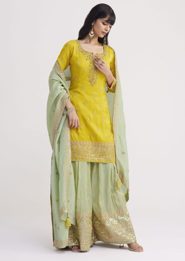 Yellow And Pista Green Tissue Palazzo Suit With Zardosi Work