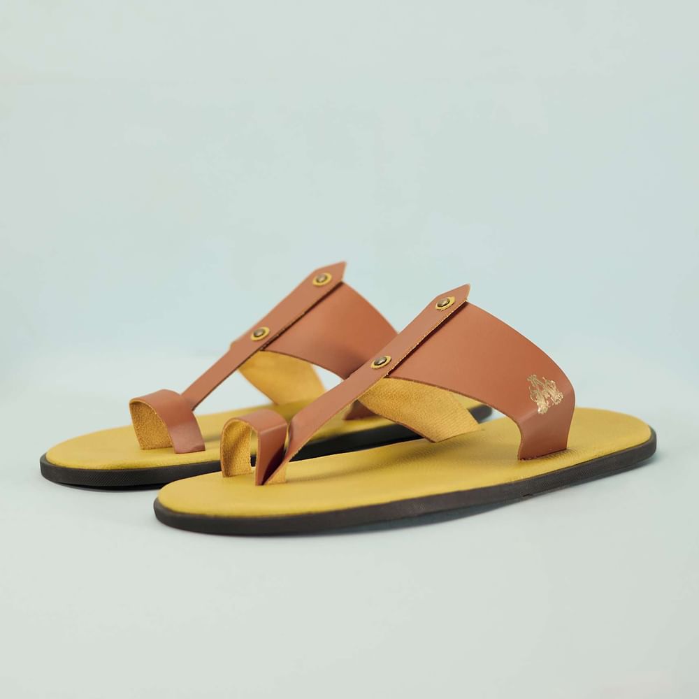 Yellow And Tan Brown Strappy Slides For Men In Leather With Buttons
