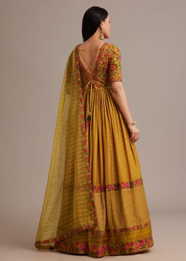 Yellow Bandhani Print Anarkali Set With Thread And Butti Work