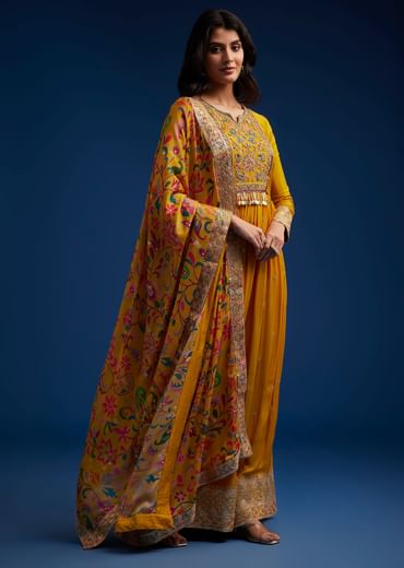 Yellow Chinon Embroidered Anarkali Set With Printed Dupatta