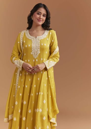 Yellow Cotton Anarkali Suit With Delicate Resham Work Yellow Cotton Anarkali Suit With Delicate Resham Work