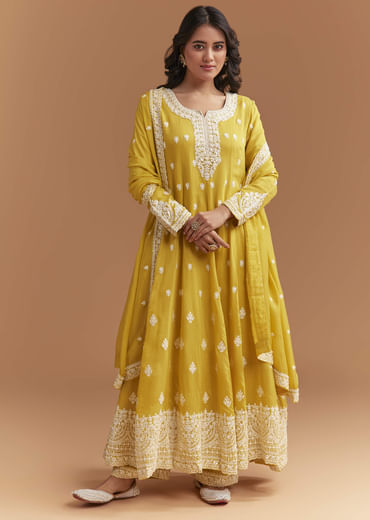 Yellow Cotton Anarkali Suit With Delicate Resham Work Yellow Cotton Anarkali Suit With Delicate Resham Work