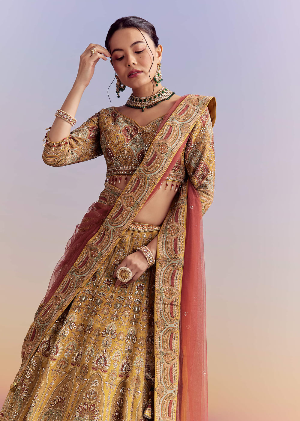 Yellow Crepe Printed Bridesmaid Lehenga With Heavy Hand Embroidery