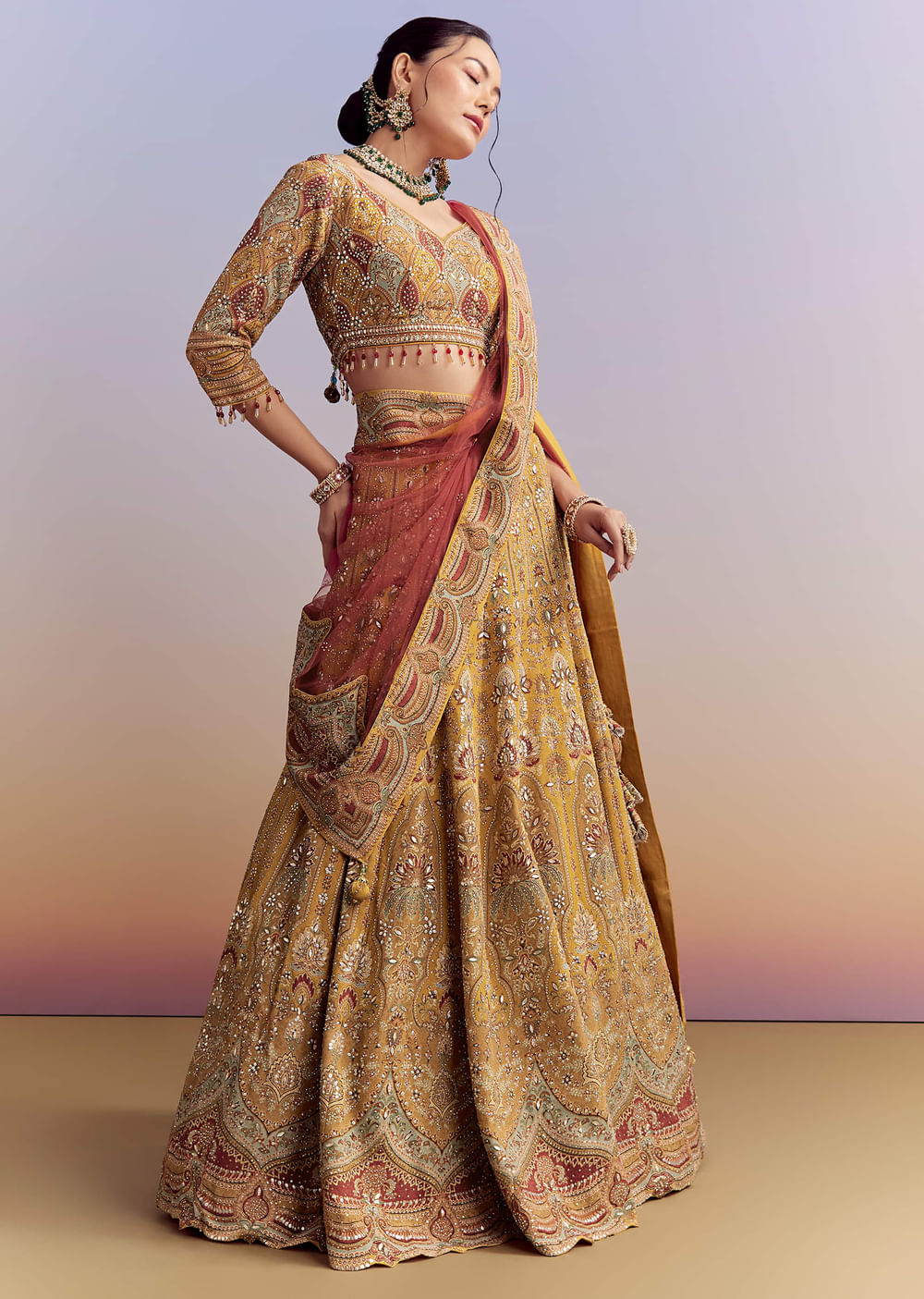 Yellow Crepe Printed Bridesmaid Lehenga With Heavy Hand Embroidery