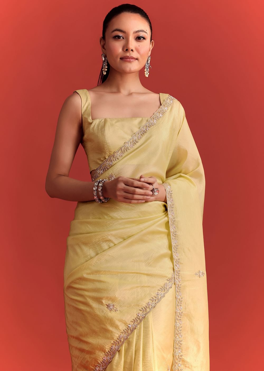 Yellow Crushed Tissue Saree With Cutdana Work