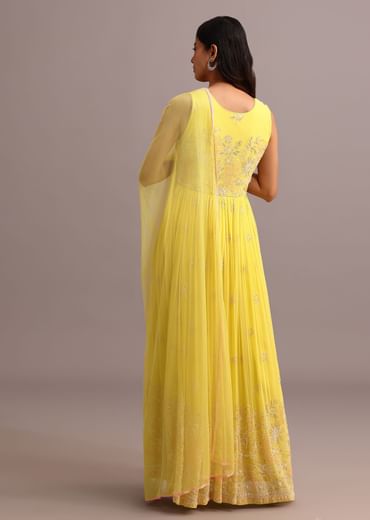 Yellow Embroidered Anarkali Pant Suit With Net Dupatta Yellow Embroidered Anarkali Pant Suit With Net Dupatta