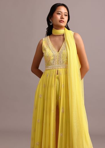 Yellow Embroidered Anarkali Pant Suit With Net Dupatta Yellow Embroidered Anarkali Pant Suit With Net Dupatta