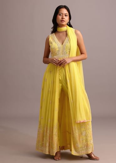Yellow Embroidered Anarkali Pant Suit With Net Dupatta Yellow Embroidered Anarkali Pant Suit With Net Dupatta