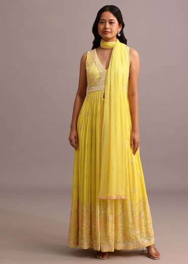 Yellow Embroidered Anarkali Pant Suit With Net Dupatta Yellow Embroidered Anarkali Pant Suit With Net Dupatta
