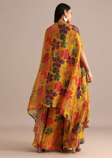 Yellow Embroidered Chiffon Palazzo Suit With Jacket