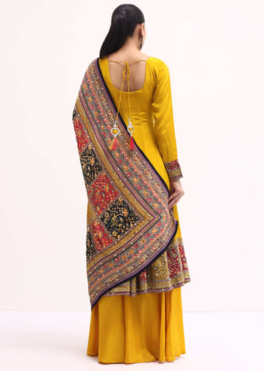 Yellow Embroidered Crepe Kurta Palazzo Set