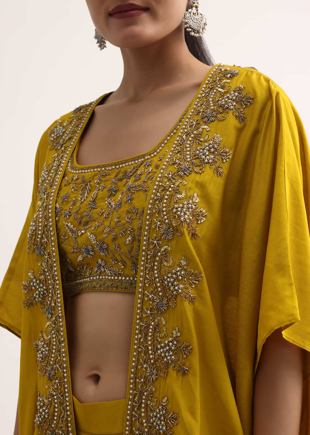Yellow Embroidered Crop Top And Dhoti With Jacket