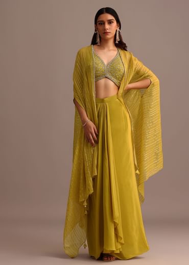 Mehendi Green Embroidered Croptop Skirt Set With Chanderi Jacket