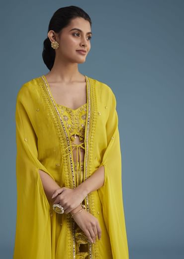 Yellow Embroidered Croptop With Banarasi Weave Palazzo And Lace Jacket