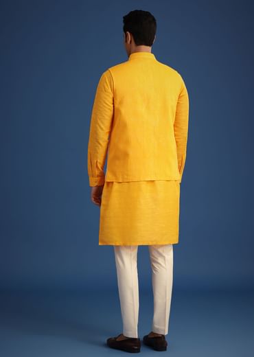 Yellow Embroidered Jacket And Kurta Set In Silk