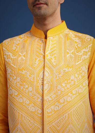 Yellow Embroidered Jacket And Kurta Set In Silk