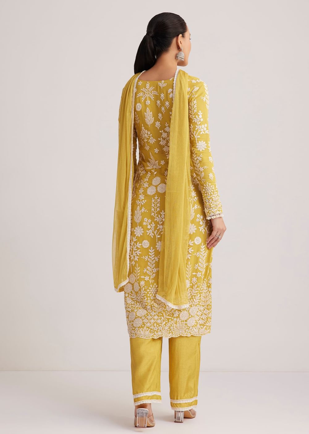 Yellow Embroidered Kurta Pant And Dupatta Set