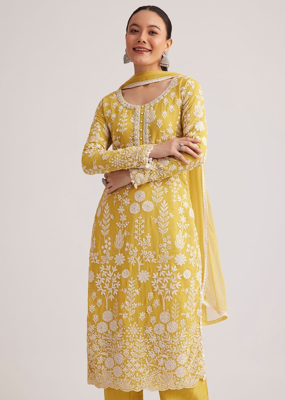 Yellow Embroidered Kurta Pant And Dupatta Set