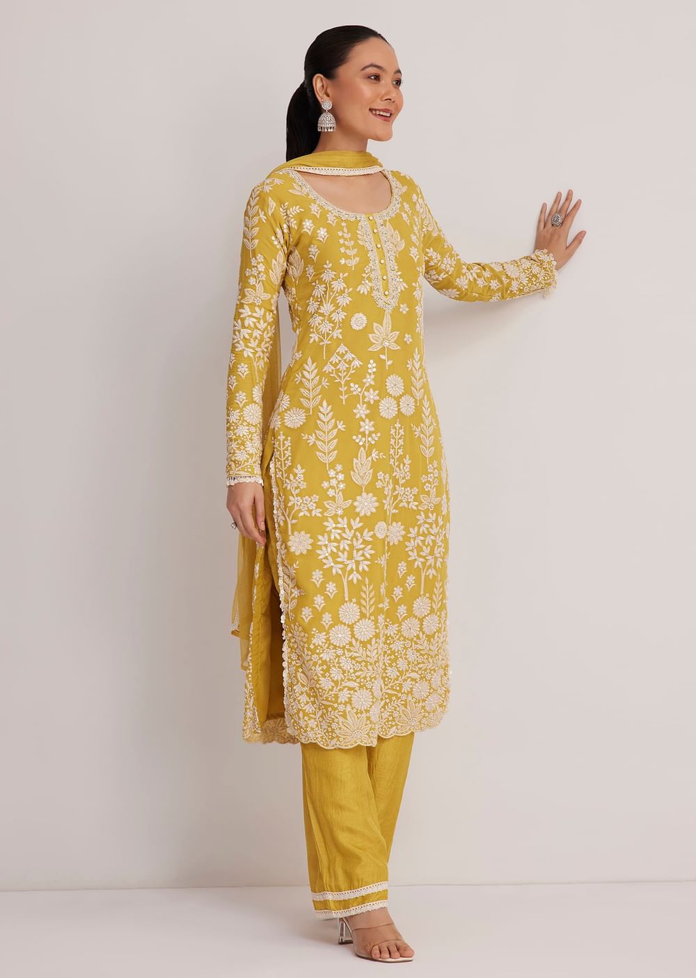 Yellow Embroidered Kurta Pant And Dupatta Set