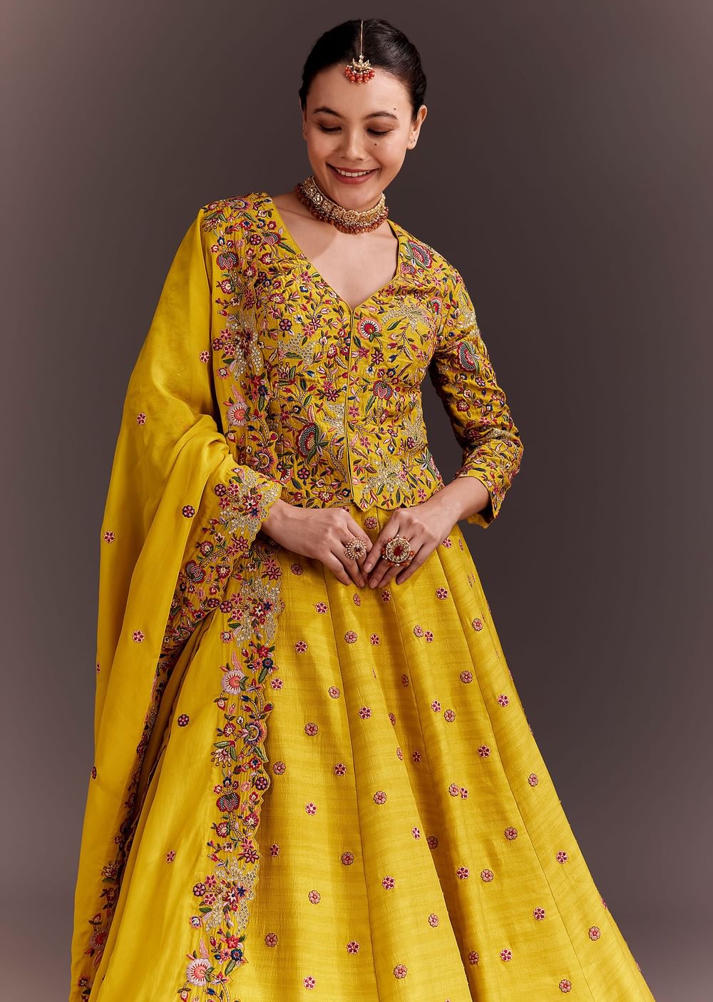 Yellow Embroidered Lehenga Set With Short Kurta And Dupatta