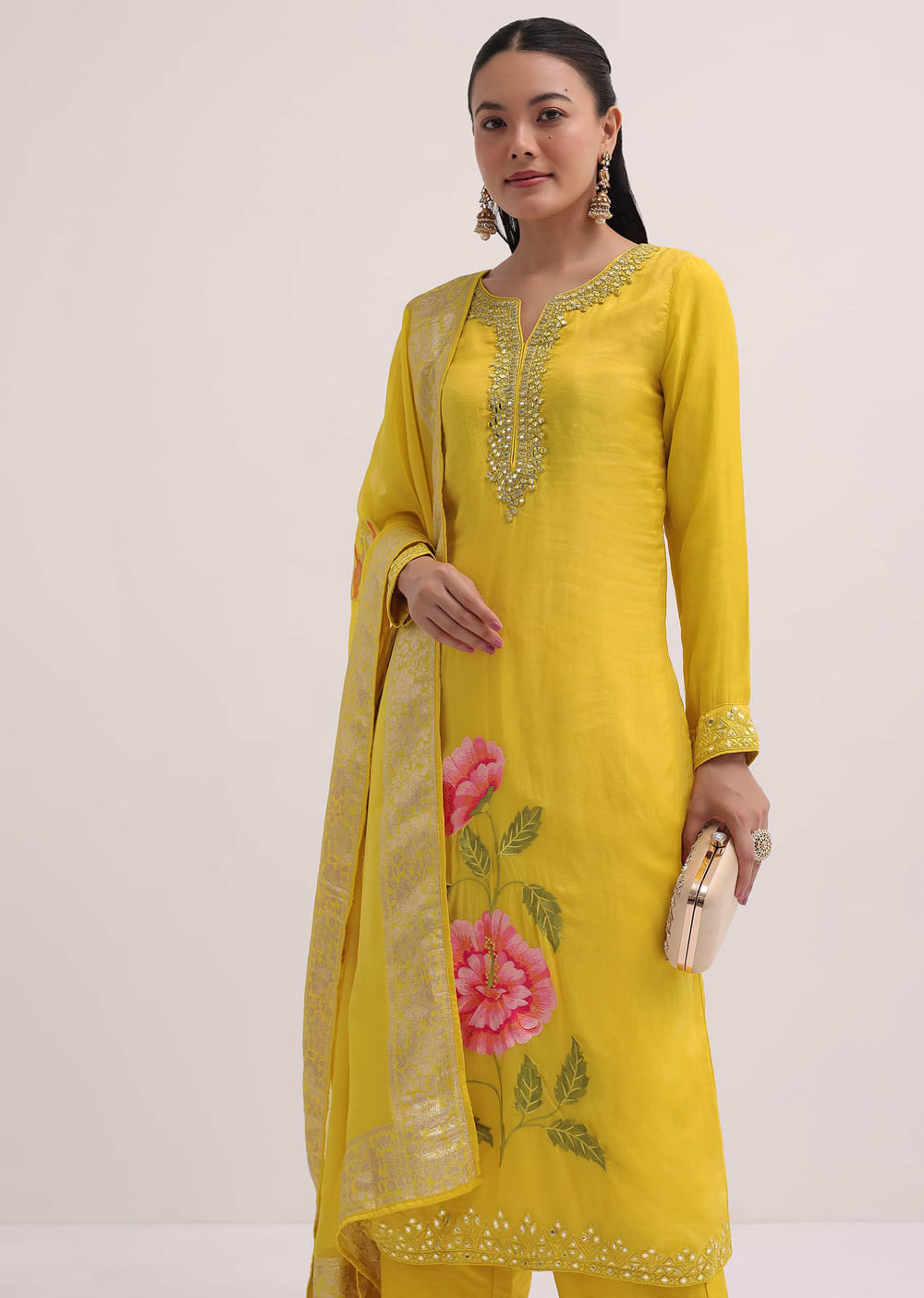 Yellow Embroidered Organza Kurta Pant Set