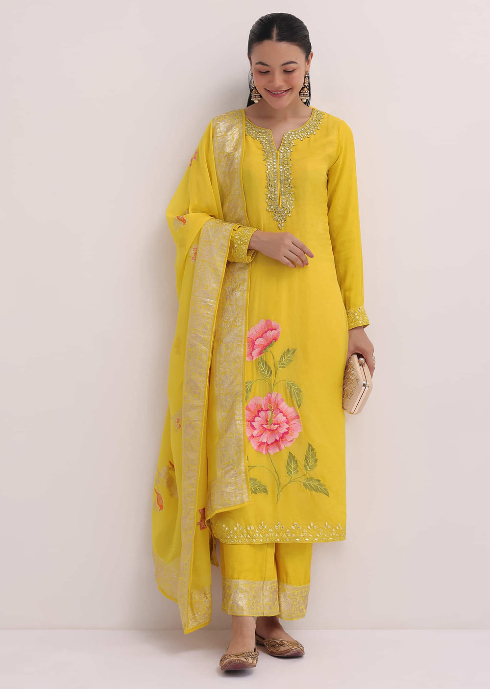 Yellow Embroidered Organza Kurta Pant Set