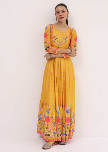 Yellow Embroidered Silk Long Kurti