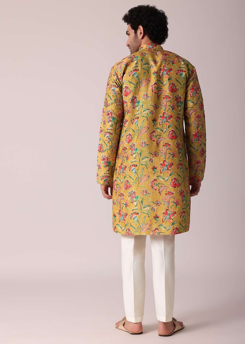 Yellow Floral Intricated Silk Kurta Set For Men