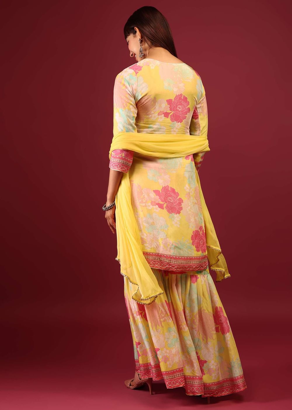Daffodil Yellow Floral Print Sharara Suit With Flowy Sharara Palazzo In Thread Embroidery