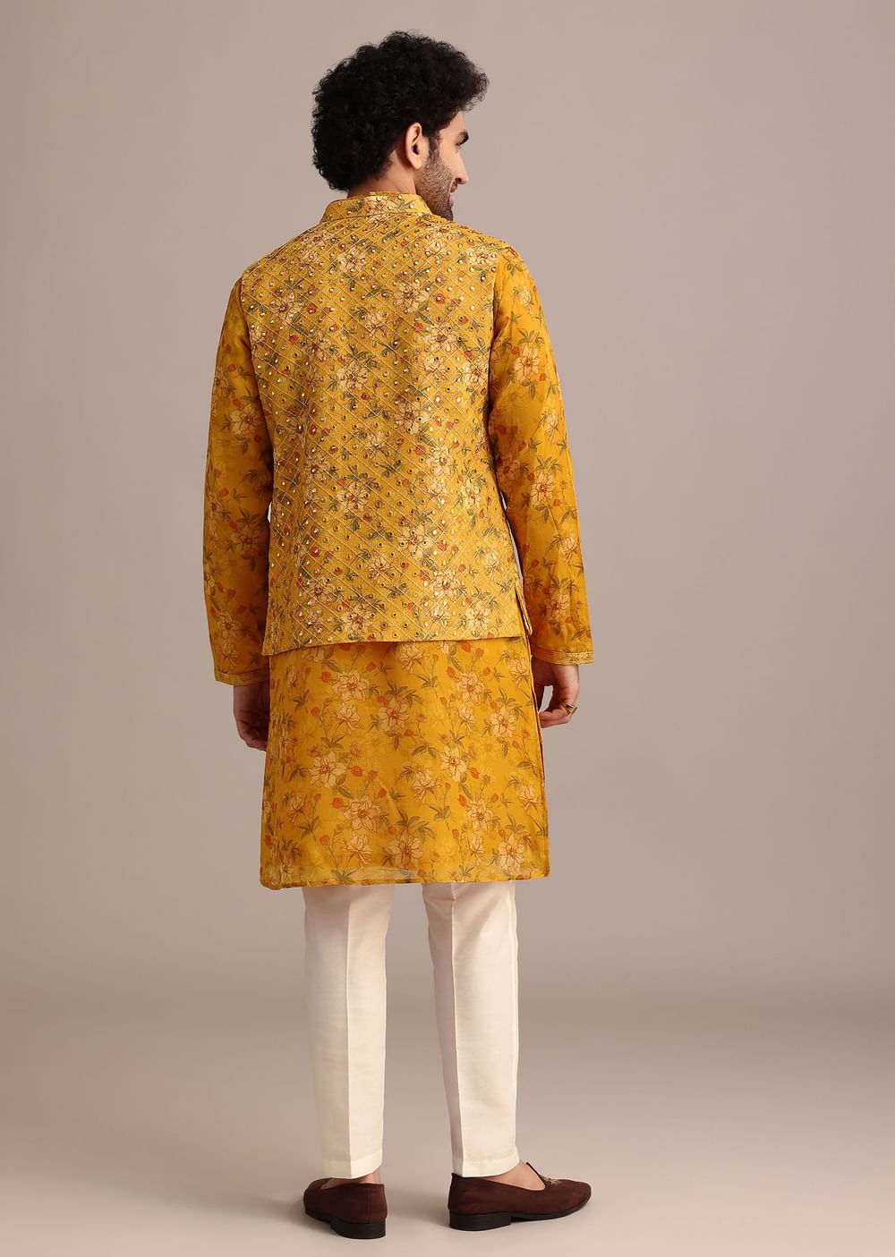Yellow Georgette Kurta And Jacket Set With Mirror Work