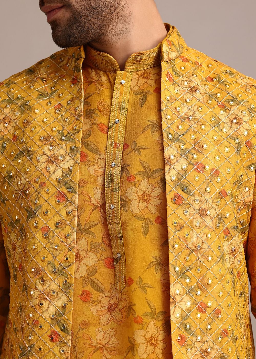 Yellow Georgette Kurta And Jacket Set With Mirror Work