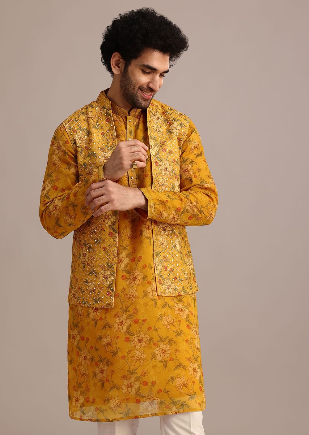 Yellow Georgette Kurta And Jacket Set With Mirror Work