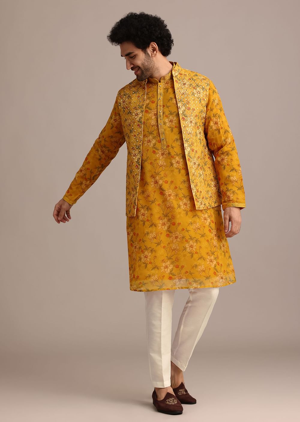 Yellow Georgette Kurta And Jacket Set With Mirror Work