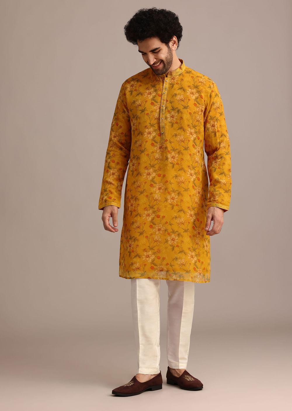 Yellow Georgette Kurta And Jacket Set With Mirror Work