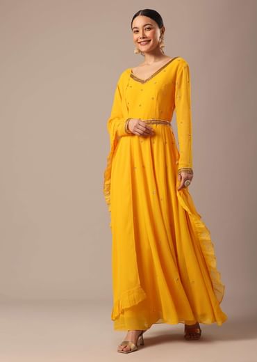 Yellow Hand Embroidered Anarkali Set With Belt And Frill Dupatta