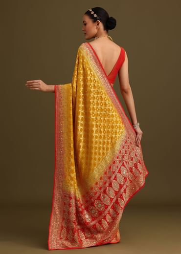 Yellow Khaddi Georgette Bandhani Weave Cutdana Saree