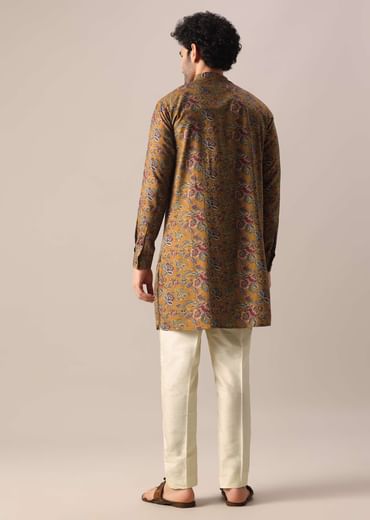 Yellow Kurta Set In Cotton Silk With Multi Color Floral Prints
