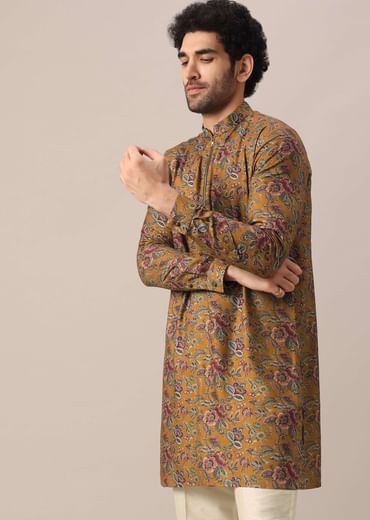 Yellow Kurta Set In Cotton Silk With Multi Color Floral Prints