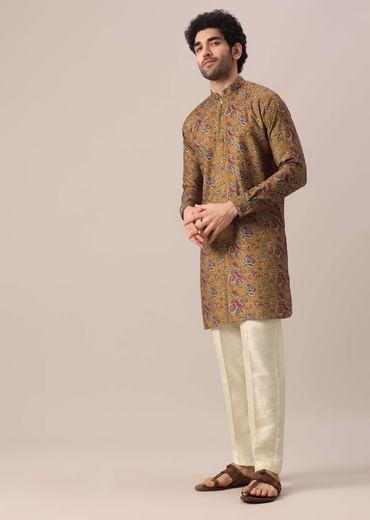 Yellow Kurta Set In Cotton Silk With Multi Color Floral Prints