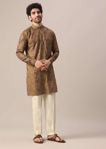 Yellow Kurta Set In Cotton Silk With Multi Color Floral Prints