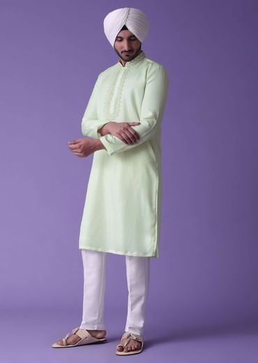 Yellow Kurta Set In Raw Silk With Threadwork