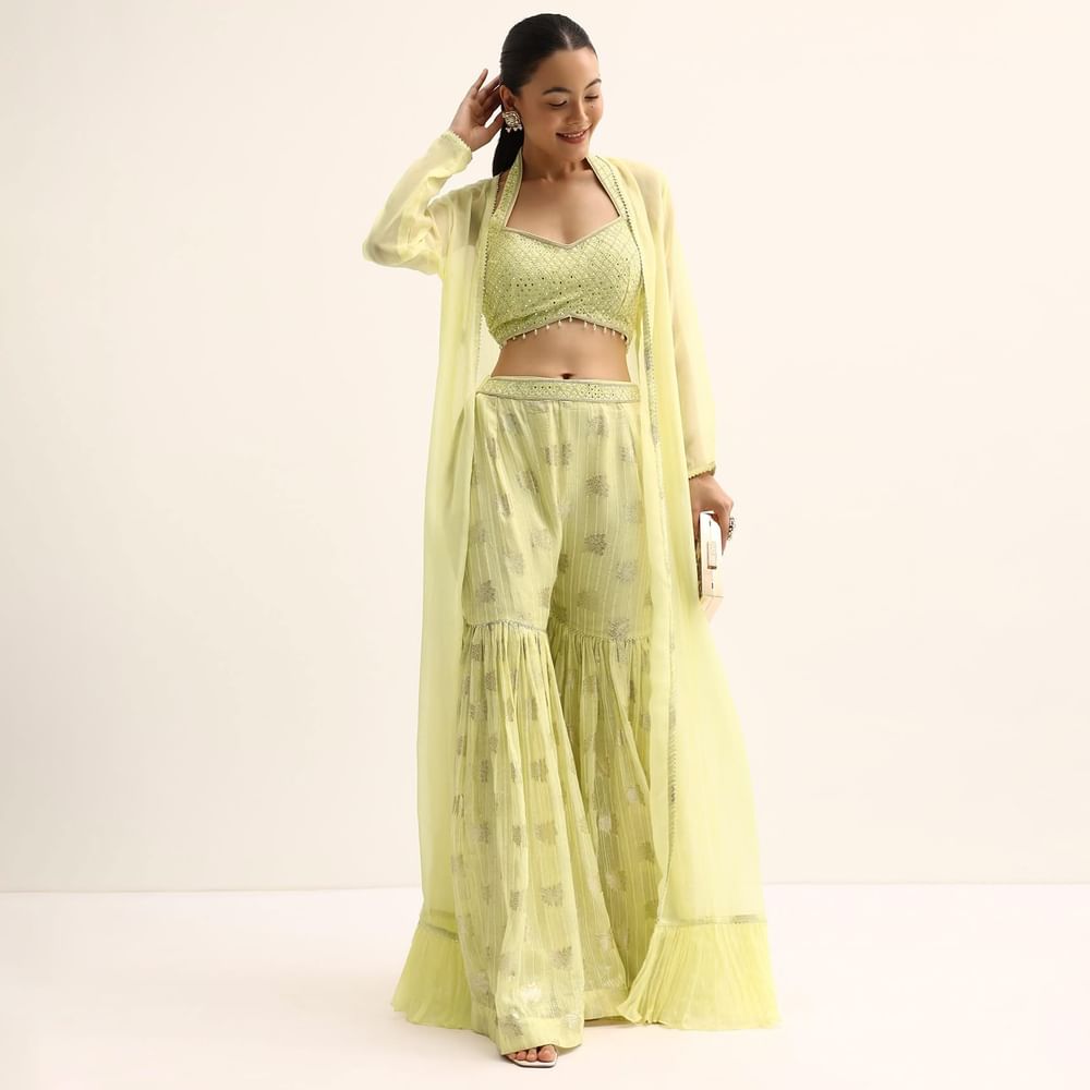 Yellow Mirror Crop Top With Jacket And Sharara