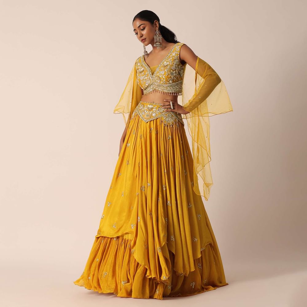 Yellow Mirror Embellished Lehenga Set In Crepe