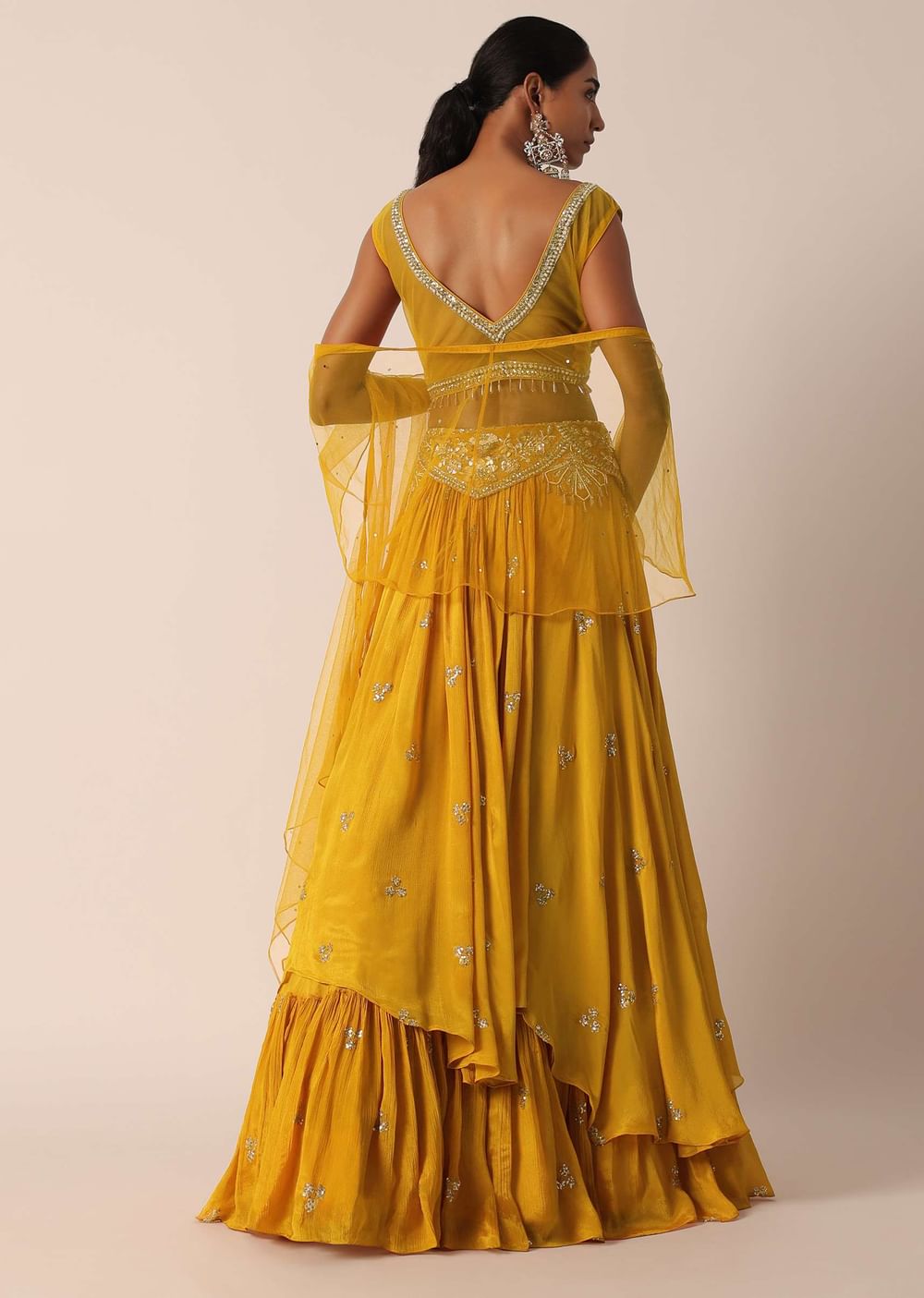 Yellow Mirror Embellished Lehenga Set In Crepe
