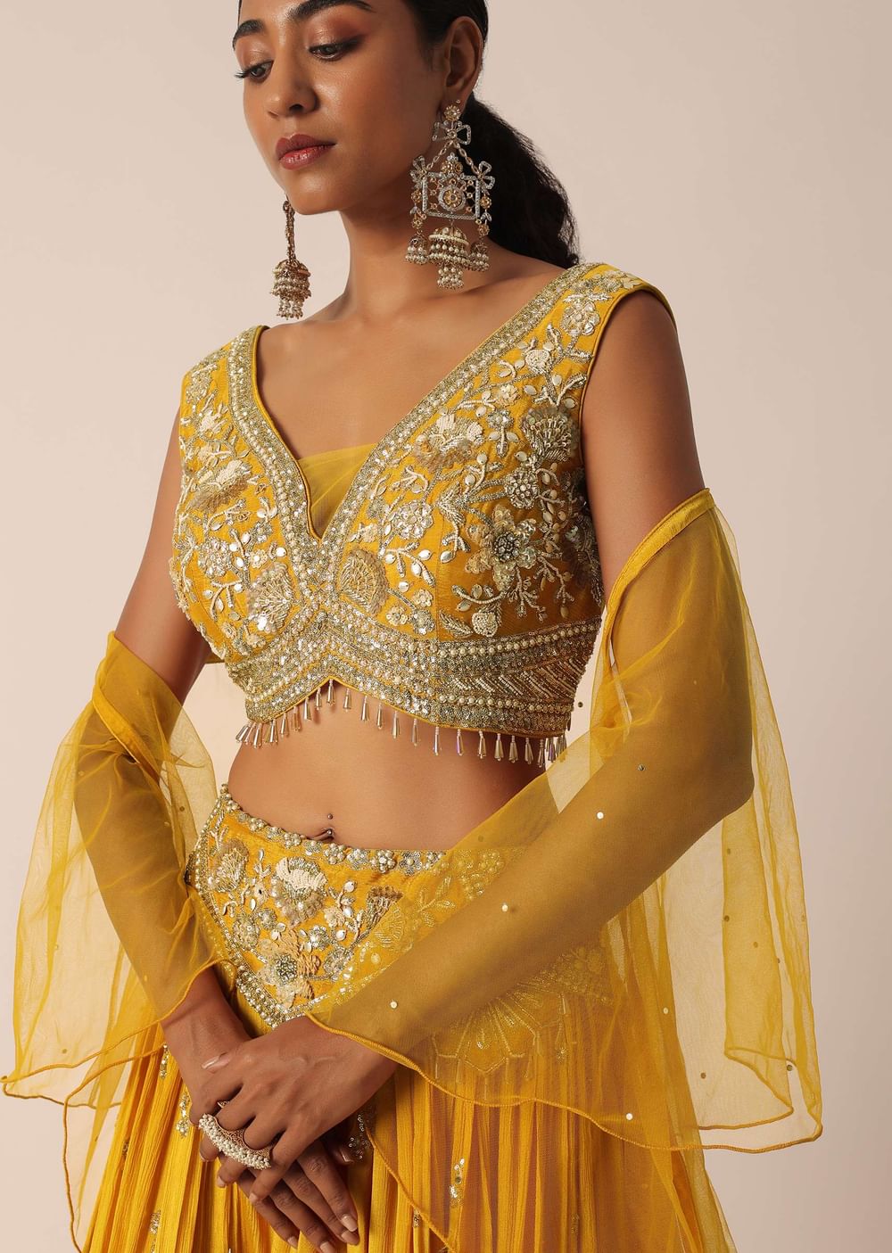 Yellow Mirror Embellished Lehenga Set In Crepe
