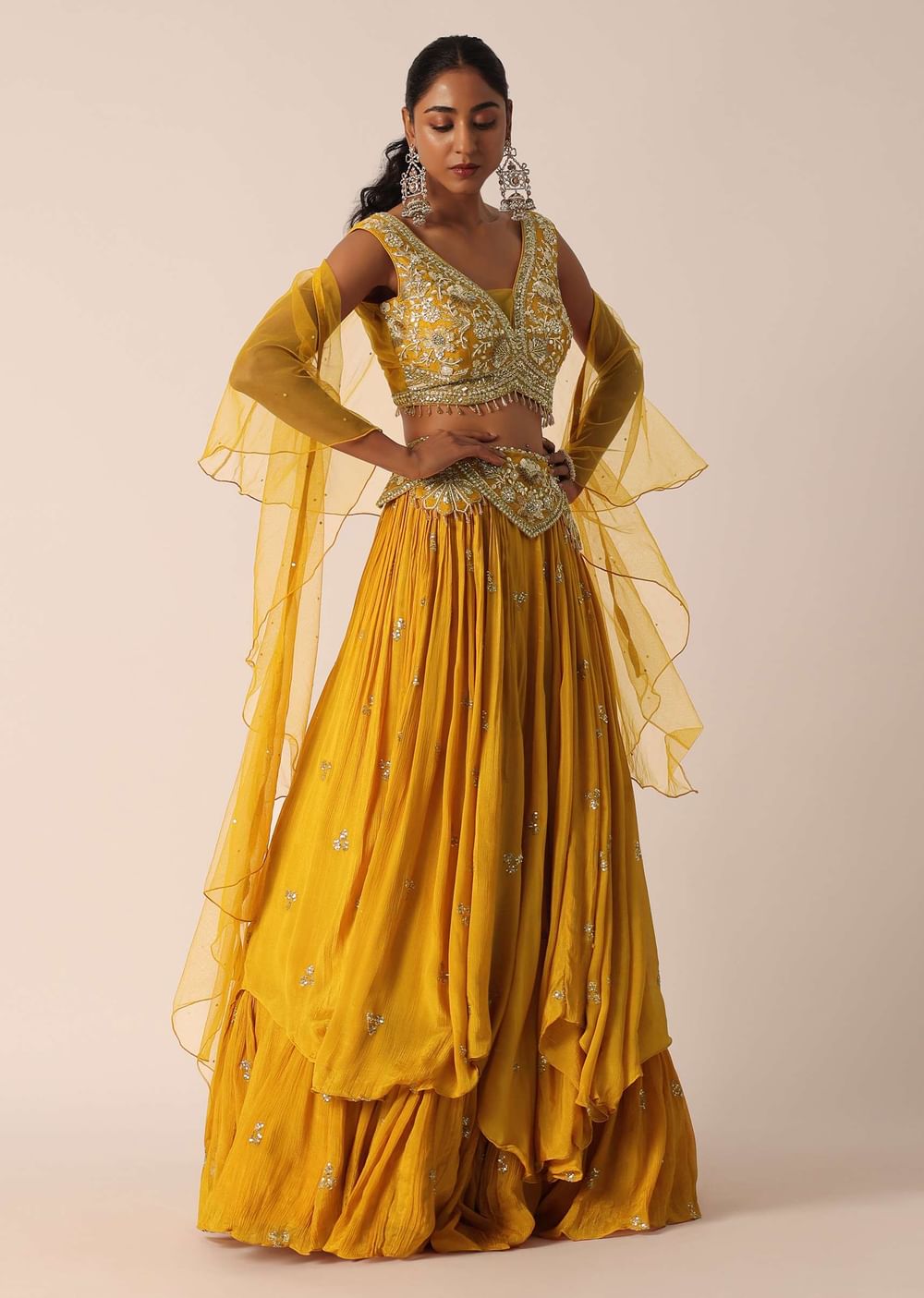 Yellow Mirror Embellished Lehenga Set In Crepe