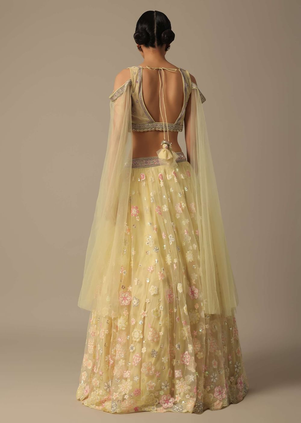 Yellow Net Lehenga Set With 3D Florals