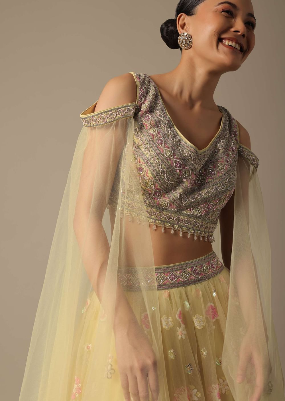 Yellow Net Lehenga Set With 3D Florals